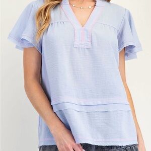 Easel Linen Blend Short Sleeve Babydoll Style Top